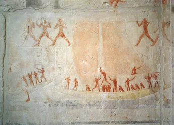Relieff fra Mastaba of Akhethotep som viser båtliv, fra Saqqara, Old Kingdom (malt kalkstein)